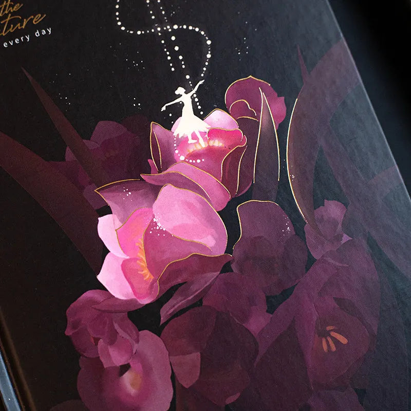 A5 notebook with luminous cover showing colour options: deep blue, gold, light blue, purple with internal colour illustrations