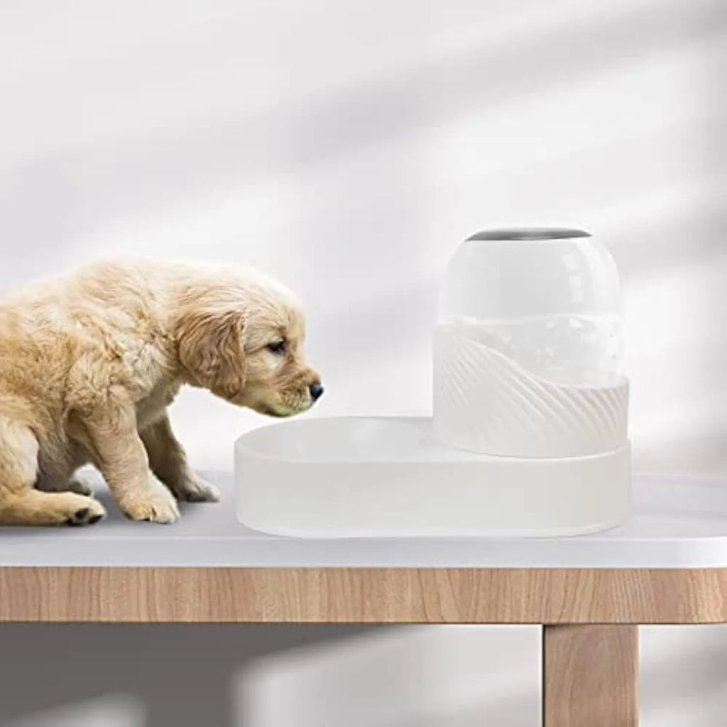 White automatic cat feeder and water dispenser set with wave-pattern design.