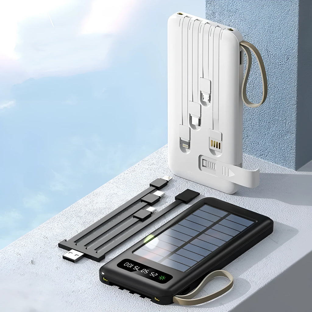 Solar Super Capacity Power Bank in black or white, showing compact size and integrated solar panel on front.