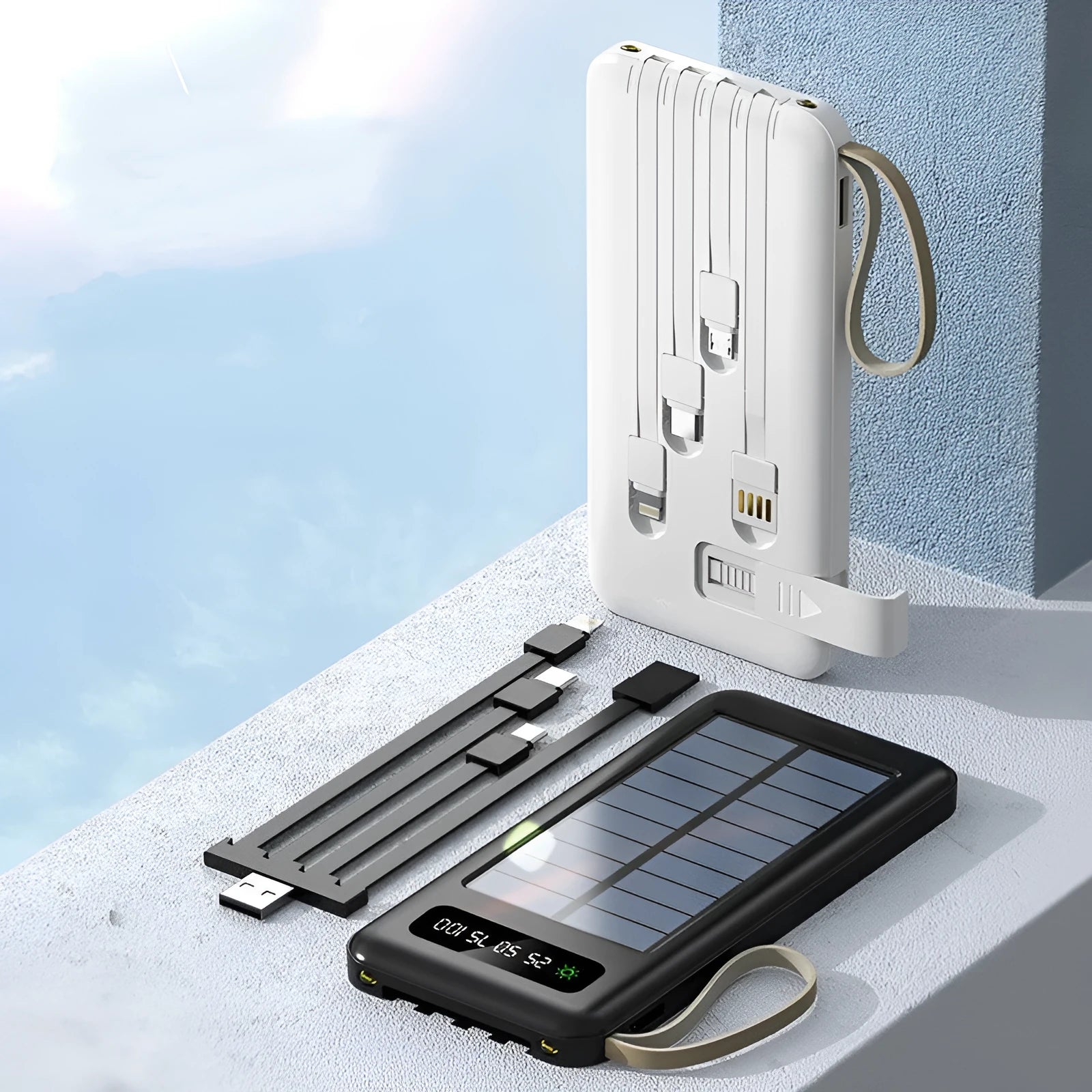 Solar Super Capacity Power Bank in black or white, showing compact size and integrated solar panel on front.