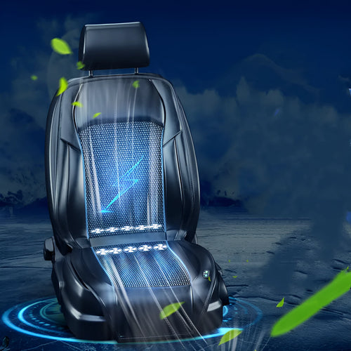 Car seat cushion with ventilation fan system showing multiple colour options and fan configurations