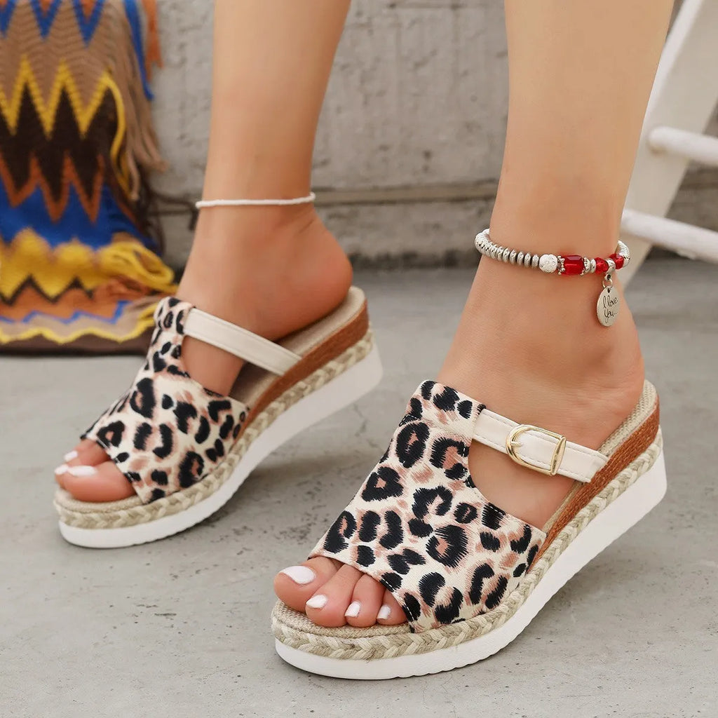 Leopard print wedge sandals with fish mouth toe and rubber sole in beige, green, or yellow