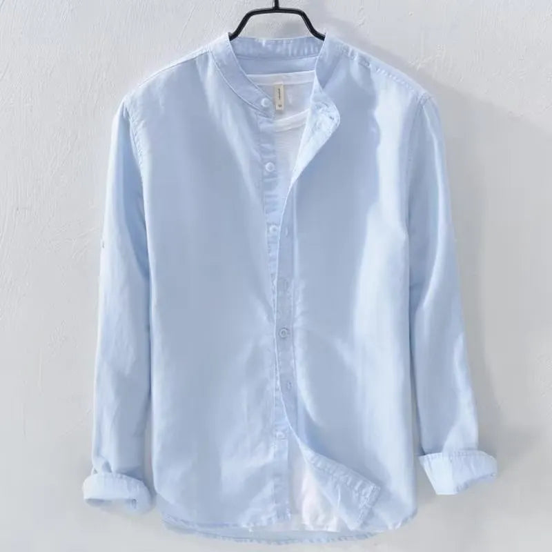 Loose fit casual long sleeve shirt in cotton linen blend fabric showing solid colour options