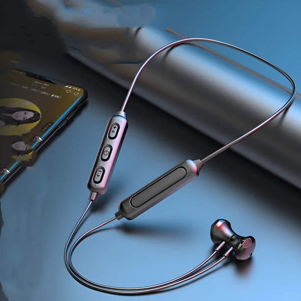 Black neck-mounted wireless sports earphones with bilateral earpieces and custom logo area.