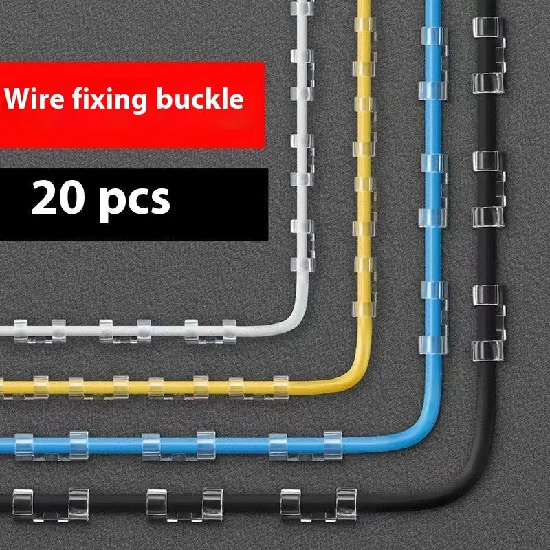 Transparent plastic self-adhesive cable management clips on a white background.