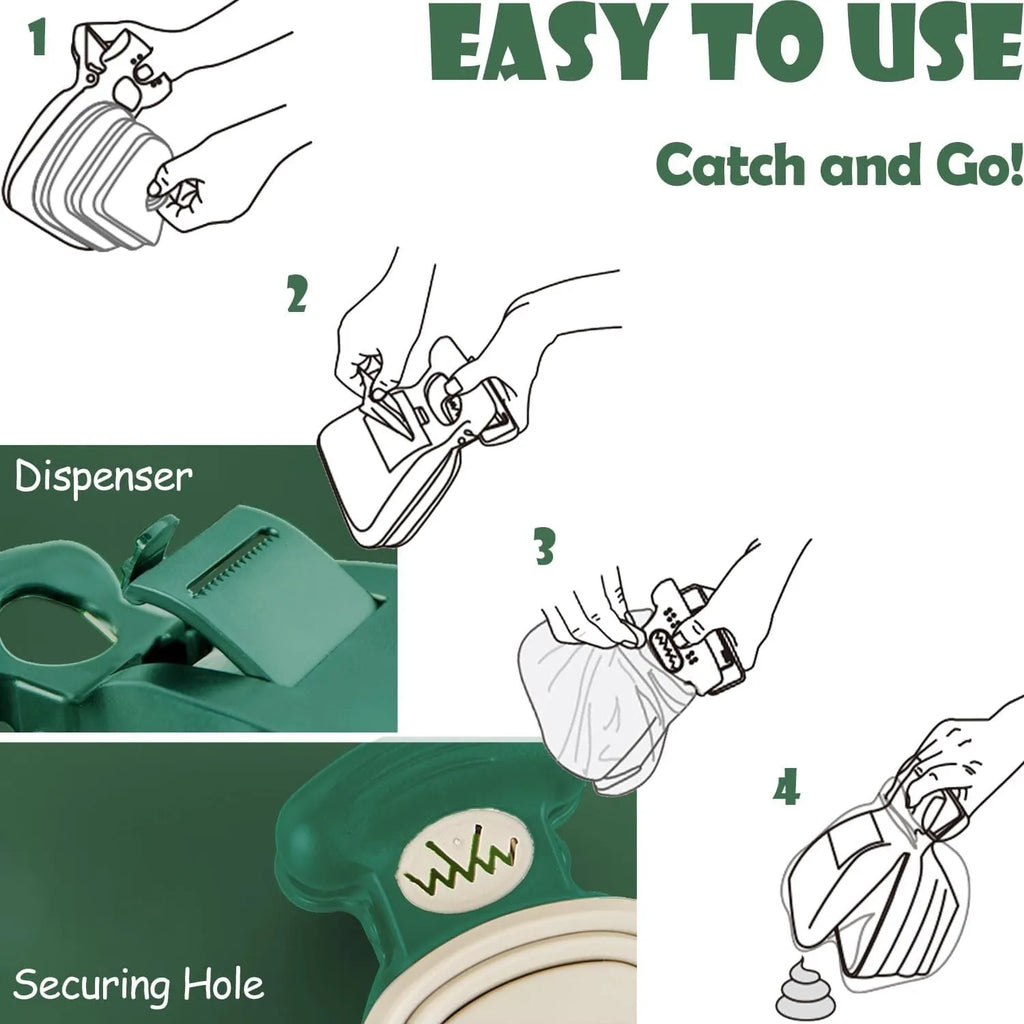 Blue handheld pooper scooper with clip and expandable waste container for dog cleanup.