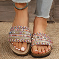 Ethnic style platform slippers with rivet detail, linen upper, PVC sole, round toe, sizes 36-43.