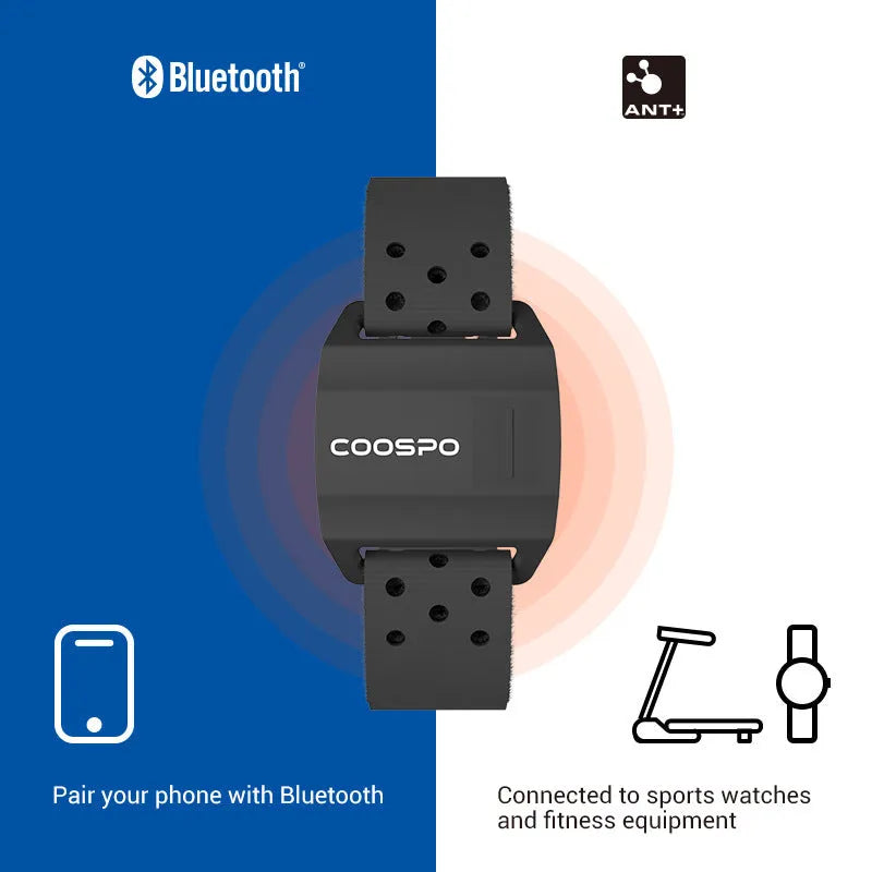 Black waterproof armband heart rate monitor, free size, made from ABS and TPU for cycling and workouts.