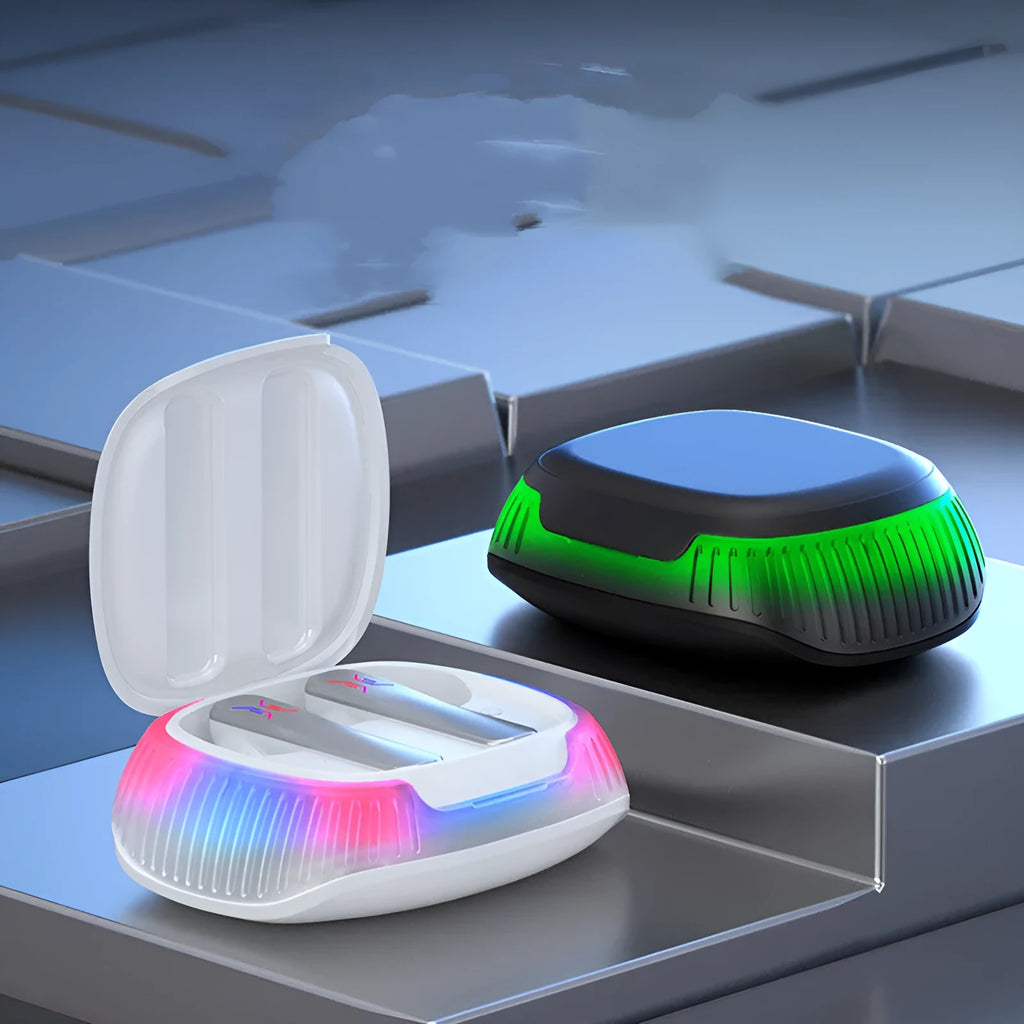 Hall flashing wireless gaming headset in black or white with earplug-style design