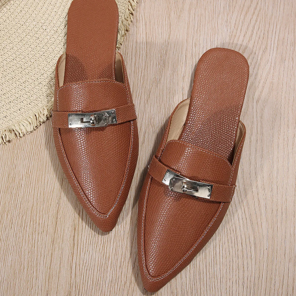 Light brown women's pointed-toe semi-slippers with low heel and rubber soles