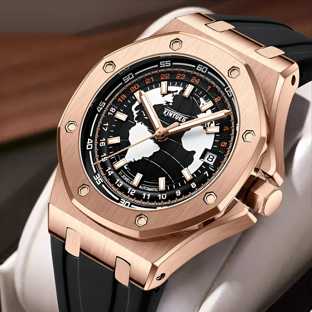 Automatic men's hollow mechanical watch with stainless steel strap and round alloy case on a white background