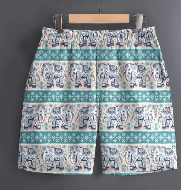 Men's polyester casual sports shorts in camouflage pattern on a hanger.