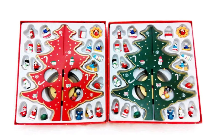 Hand-painted wooden Christmas tree decoration in green and red colour options