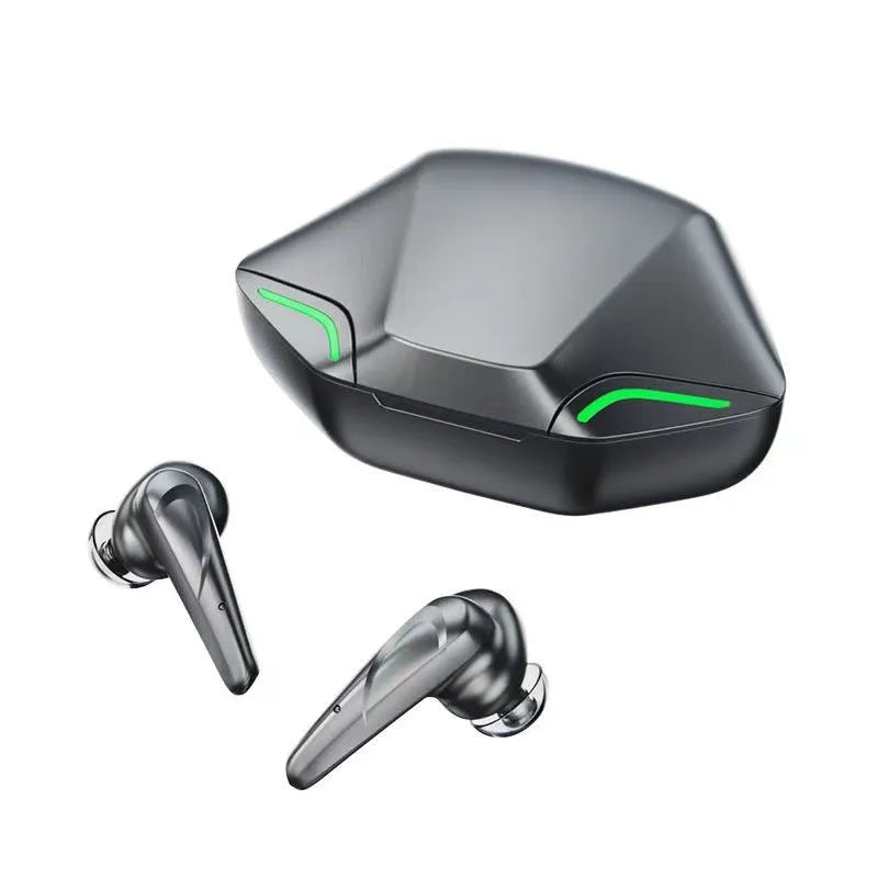 Wireless black gaming earbuds and charging case on a grey background, shown with spare silicone caps.