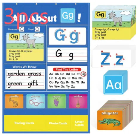 Creative Letters Learning Sleeve Table Chart with dry-erase marker, letter cards, and picture cards on a 60cm x 40cm wipe-clean surface.