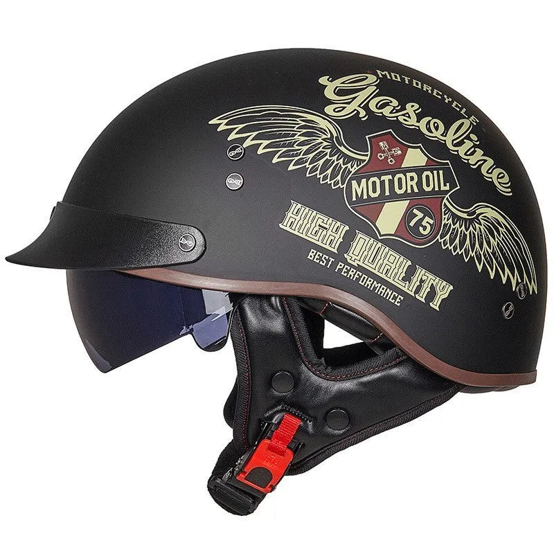 Vintage motorcycle helmet with ABS shell, EPS liner, quick release buckle, and UV protection glasses in black