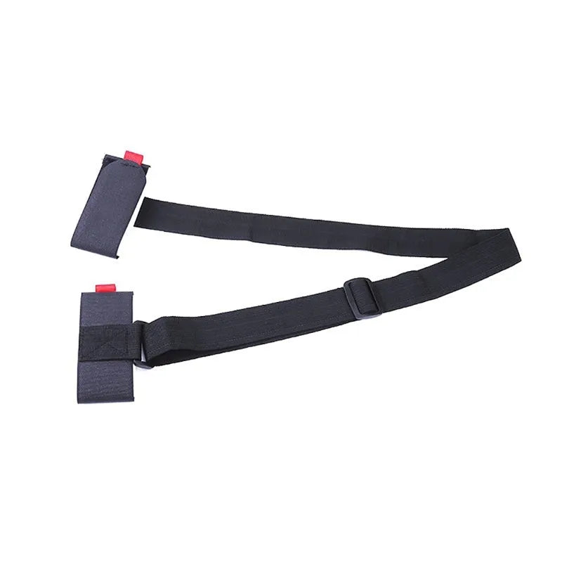 Adjustable nylon skiing handle strap with buckle in black, carried over shoulder