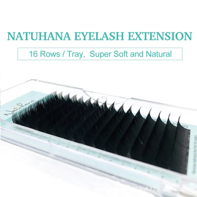 Close-up of artificial fibre false eyelashes with soft velvet finish, showing options from 0.05CC to 0.2CC.