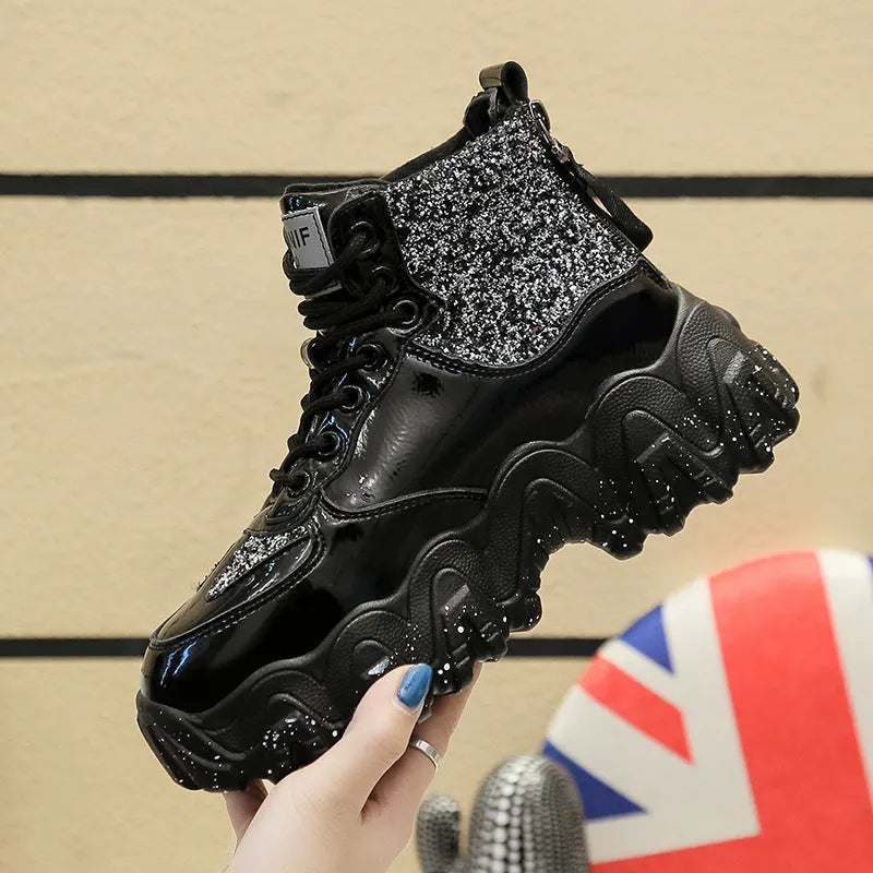 Big wavy snowflake daddy shoes with sequins, cross ties, rhinestones, sponge cake heel, waterproof platform, round toe, solid colour