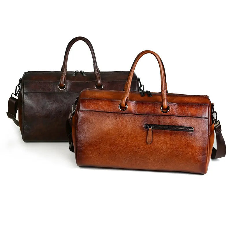Brown genuine leather backpack with retro styling and 20L capacity