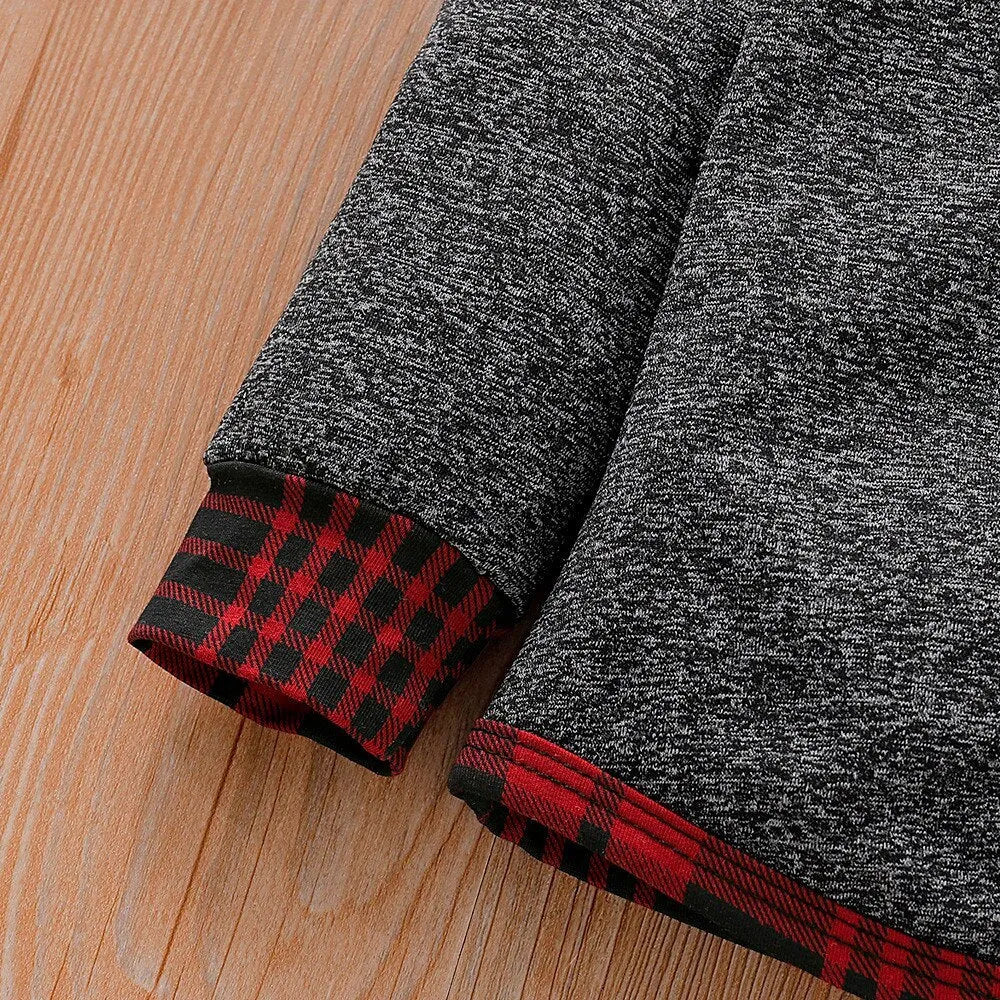 Baby long sleeve plaid sweater set in cotton blend, shown in grey and red, sizes 70cm to 110cm