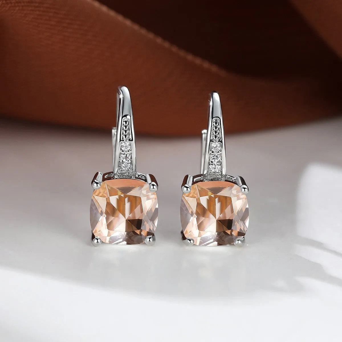 Square geometric ear hooks with round zircon inlays in gold, platinum, or rose gold finish