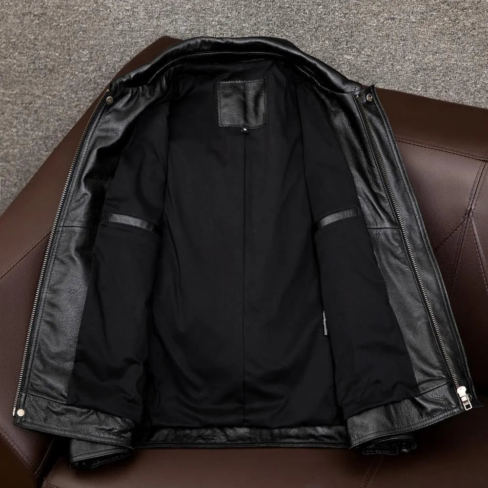 Men's lapel short leather jacket in black or brown with side seam pockets