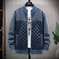 Loose coarse wool sweater jacket cardigan with stand collar and long sleeves, shown in black, grey, green and wine red.