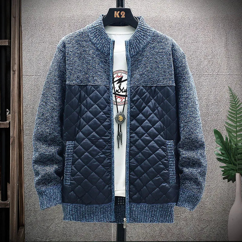 Loose coarse wool sweater jacket cardigan with stand collar and long sleeves, shown in black, grey, green and wine red.