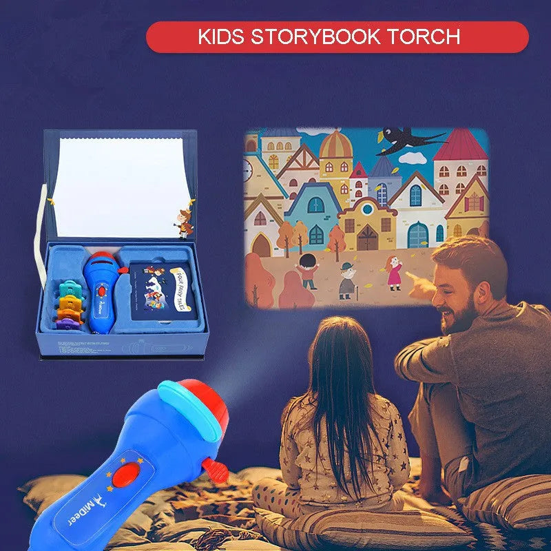 SmartKids children's storybook projector torch with four fairy tale discs projecting images on bedroom wall