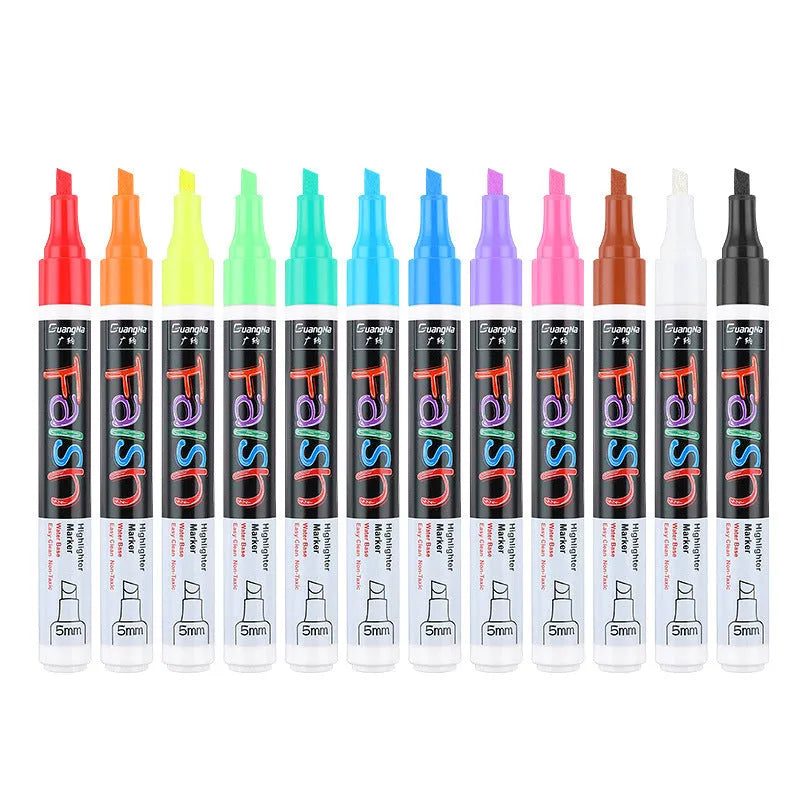 Oblique plastic electronic fluorescent board highlighter pen with a 6mm tip, shown with 8 colour refill options.