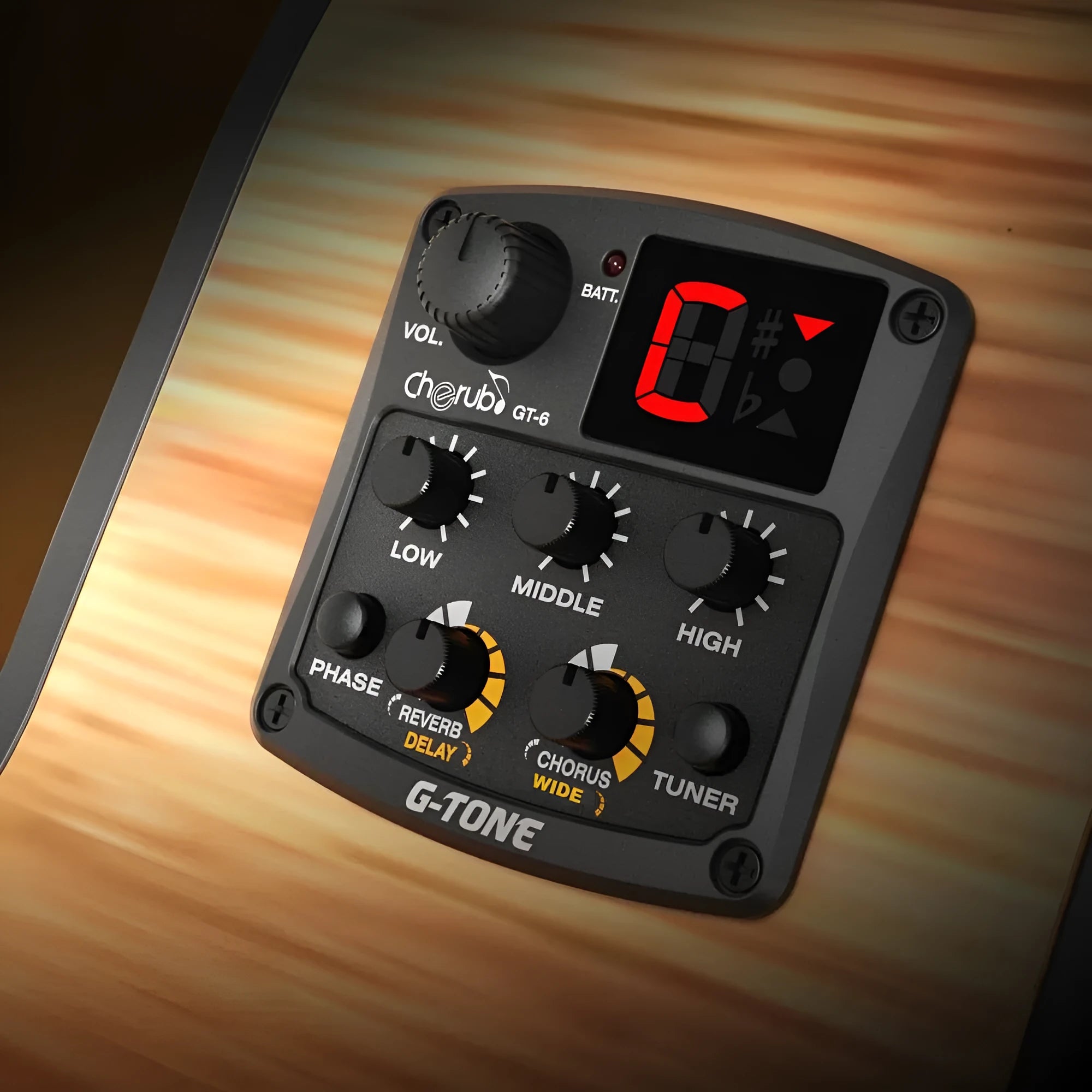 Black Cherub GT-6 acoustic guitar EQ and effects unit for soundhole mounting