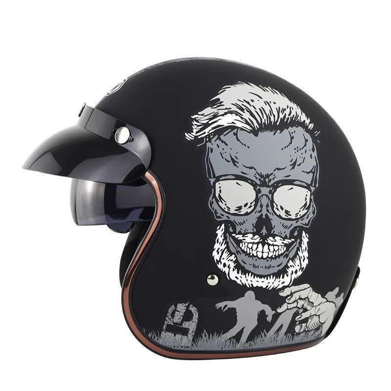 Retro outdoor half helmet for electric bike riding in ABS plastic, shown in multiple colours and sizes.
