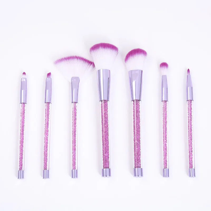 7-piece makeup brush set with rayon bristles, PU tip, long plastic handle, 20cm length, pink colour