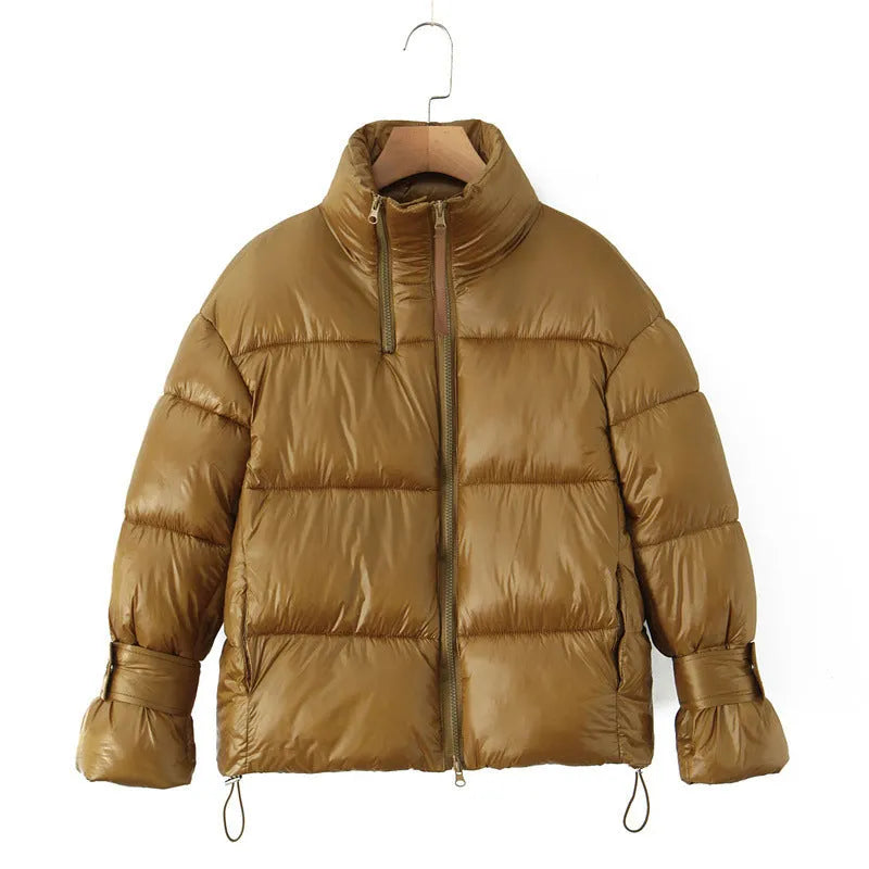 Gold women's puffer coat with stand-up collar and double zipper, straight fit, long sleeves