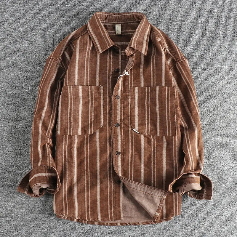 Men's vintage yarn-dyed striped casual shirt in Japanese retro style with loose fit