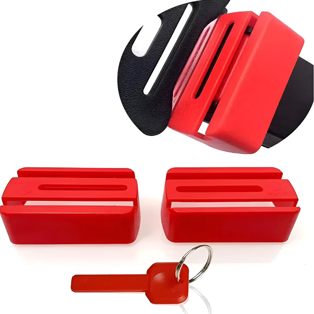 Black plastic seat belt buckle clamp holder for child car seat safety.