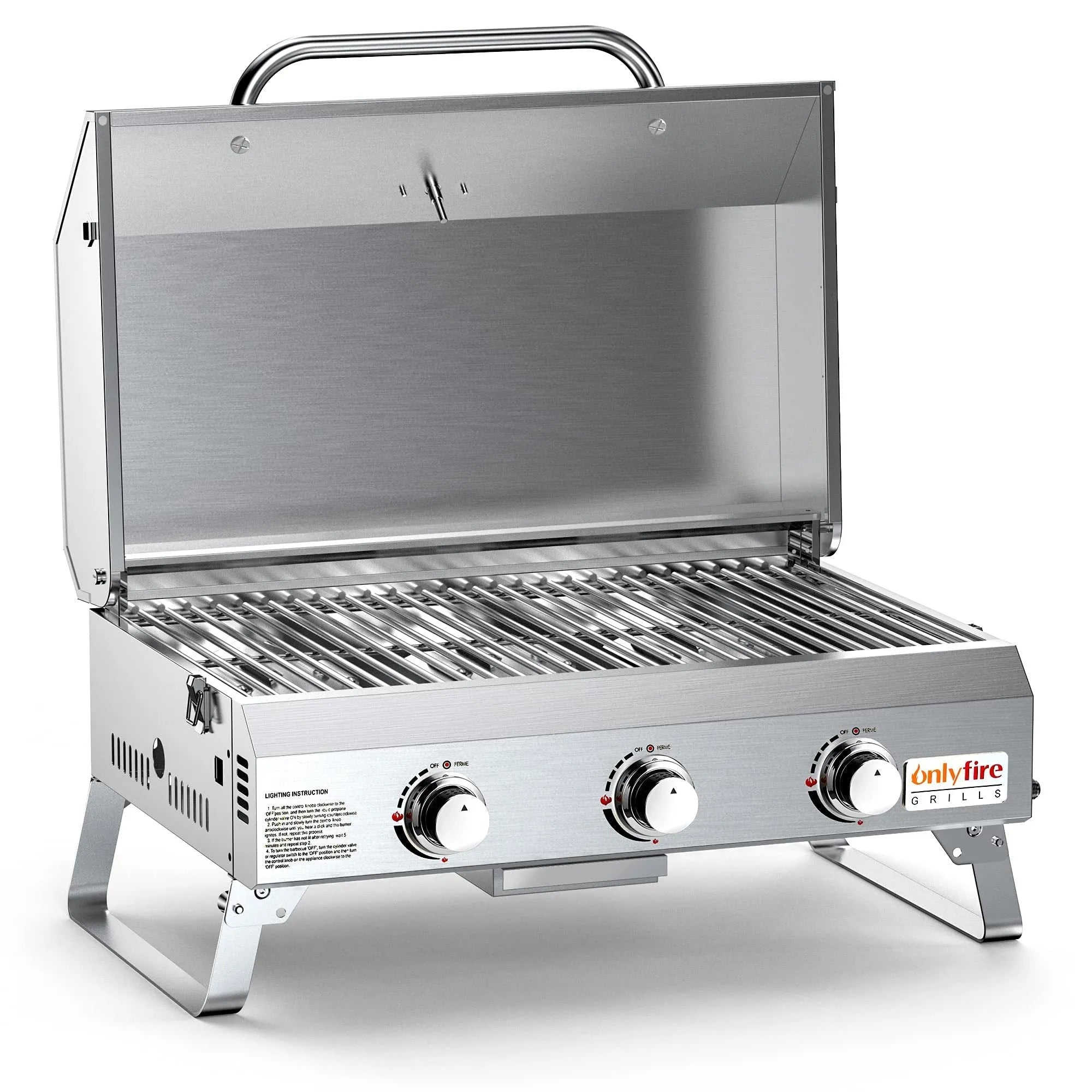 Silver desktop gas barbecue grill with three burners and foldable legs.