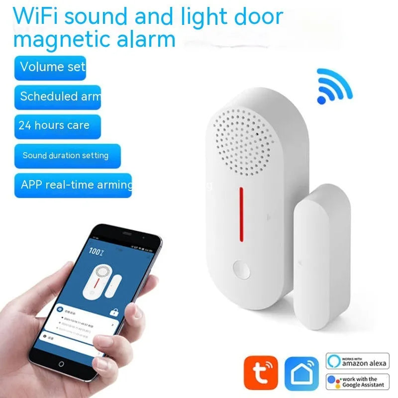 WiFi door magnetic sensor alarm with sound and light alerts for smart home security