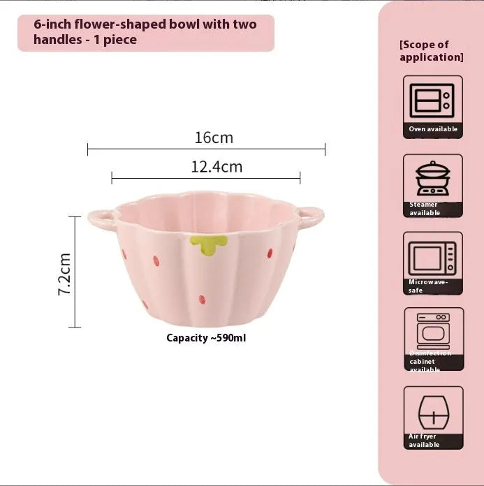 Strawberry-themed porcelain dinnerware set with plates, flower bowls, and microwave-safe spoons