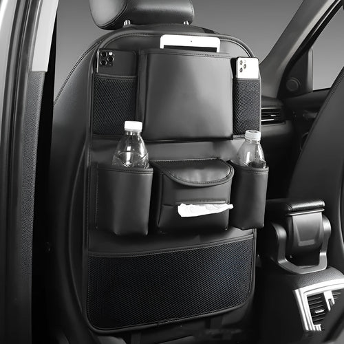 Leather car seat back storage bag in black, hanging behind a car headrest.