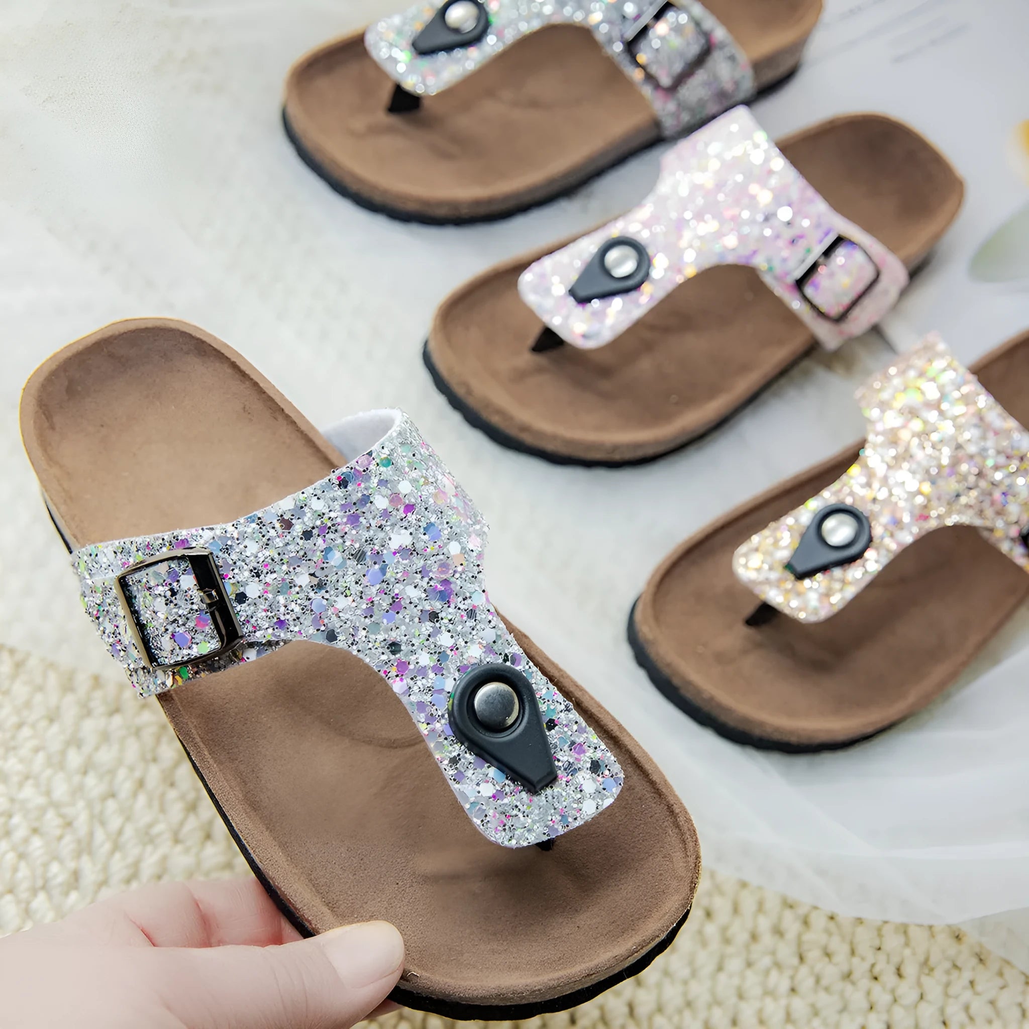 Gold frosted cork flip-flops with artificial leather upper and textured PVC sole.
