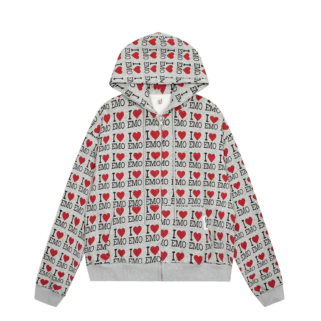 Women's mixed grey hooded cardigan sweater featuring an autumn retro pattern and long sleeves.