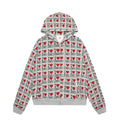 Women's mixed grey hooded cardigan sweater featuring an autumn retro pattern and long sleeves.