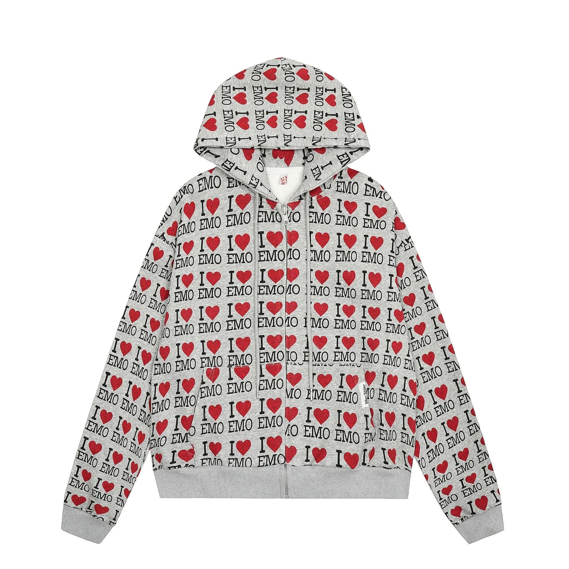Women's mixed grey hooded cardigan sweater featuring an autumn retro pattern and long sleeves.