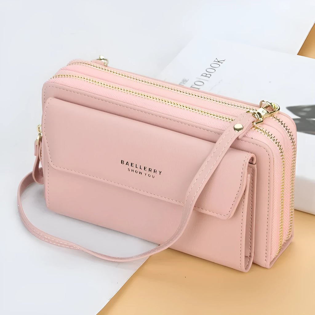 Soft PU leather ladies long wallet with double zipper in six colour options showing horizontal square shape