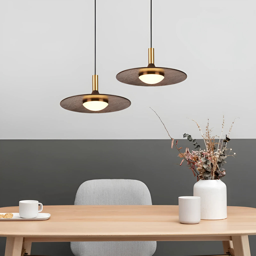 Wood and copper bar-style chandelier light fixture with push-button switch.
