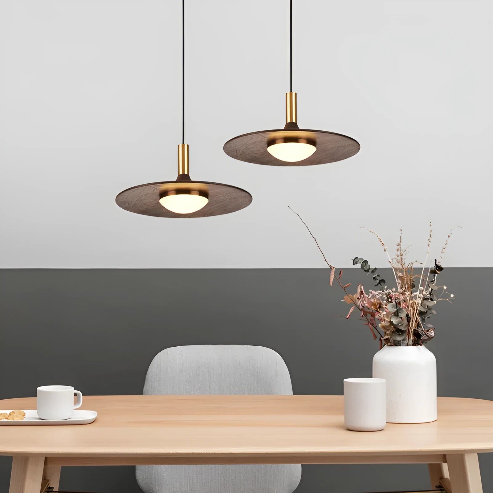 Wood and copper bar-style chandelier light fixture with push-button switch.
