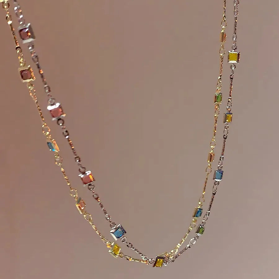 Square colour geometric alloy clavicle chain necklace with artificial crystals in gold tone