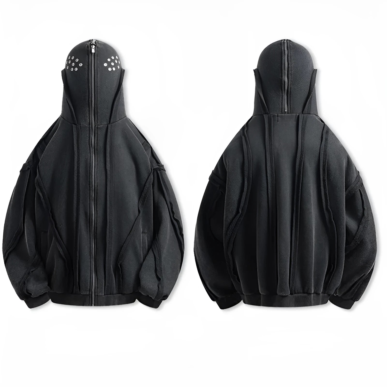 Black loose-fit zip-up hooded coat with an abstract pattern and padding worn as an autumn layer.